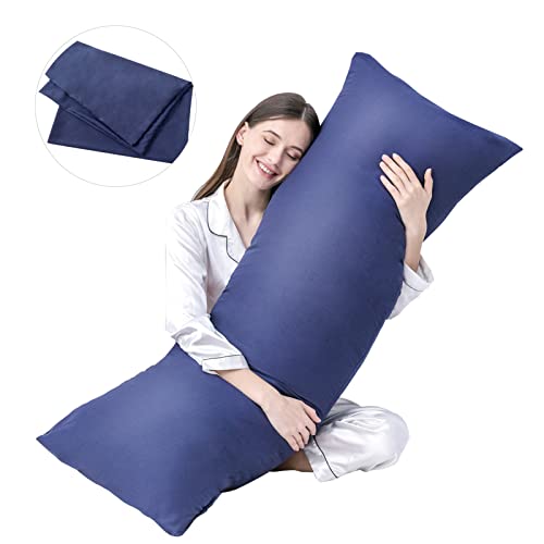 DOWNCOOL Luxe full-body kussen invoegen met vezelhoes - ultrazacht lichaamskussen om te slapen - Ademend lang bed kussen insert, 50 x 137 cm (blauw, met hoes)