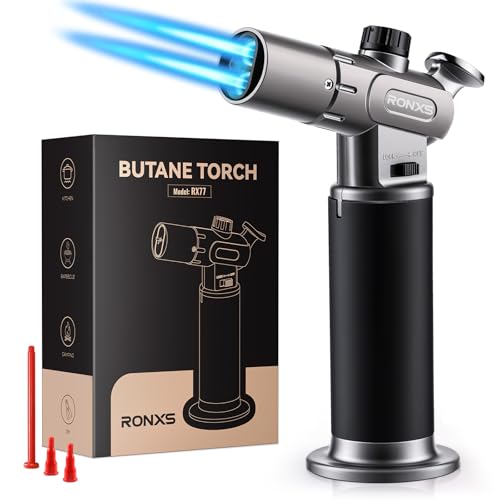 RONXS Torch Lighter, Refillable Kitchen Butane Torch, Cooking Torch with Safety Lock and Adjustable Single/Dual Flame for Creme Brulee, BBQ, Baking, Crafts and Soldering (Butane Gas Not Included)