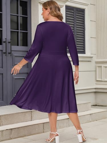 Image of Plus Size Dresses for Women A-Line V-Neck Swing Flowy 3 /4 Sleeve | 3 /4 sleeve,v neck,pockets,casual,cocktail,wedding,holiday,home,work,date party,vacation,outdoor