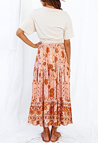 Zesica Women's 2023 Bohemian Floral Printed Elastic Waist A Line Maxi Skirt With Pockets,Peach,Large #TOP6