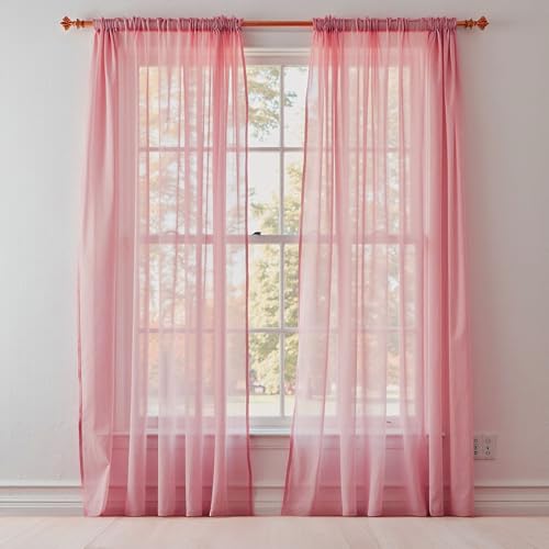 Trimming Shop Rose Gold Voile Curtains 2 Panel Semi-Transparent Sheer Slot Top Curtain Pair 142 x 206cm for Window & Door Lightweight Net Curtain for Bedroom, Kitchen & Living Room
