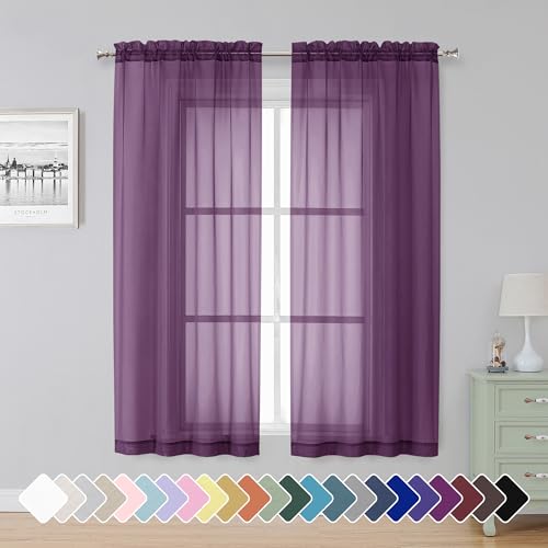 Image of Simplebrand Plum Sheer Curtains 63 Inch Length 2 Panels, Rod Pocket Solid Color Window Sheer Curtain Panels, Elegant Curtains & Drapes for Living Room, Bedroom 2 Panels (Plum, 42 inch W x 63 inch L)