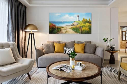 Acocifi Blue Coastal Wall Art Lighthouse Picture Nature Fall Landscape Ocean Beach Seascape Canvas Painting, Textured Artwork Large Framed for Living Room Bedroom Bathroom Office Home Decor 48"x24" - Image 2