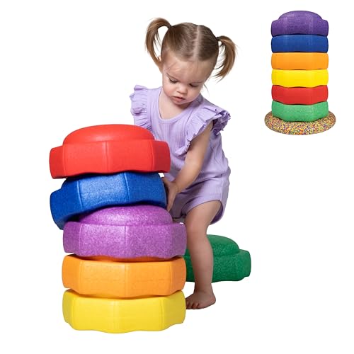 Nuby Stepping Stones StepPebbles with Balance Board - Montessori-Inspired Sensory Play - Stack Step & Balance Indoor & Outdoor Play - Waterproof & Holds Up to 400 lbs - Primary Colors