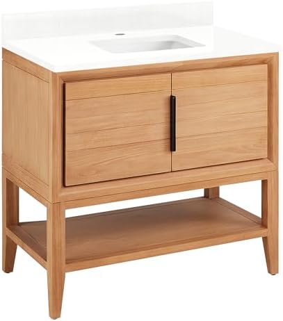 Signature Hardware 955226-36-rumb-1 Aliso 36" Console Teak Single Basin Vanity Set with Cabinet, Vanity Top, and Rectangular Undermount Sink - Single Faucet Hole - Natural Teak/Feathered White