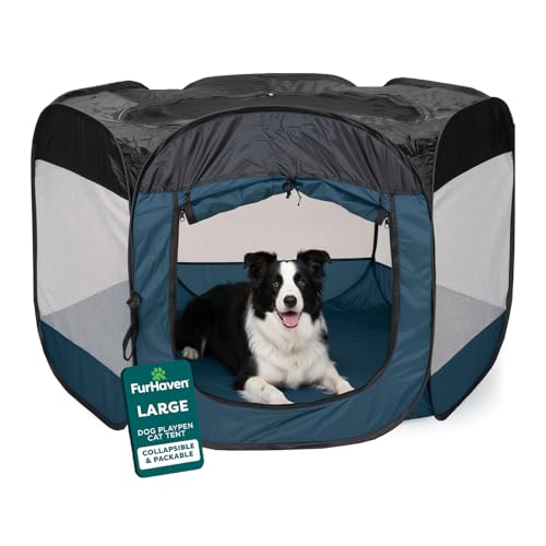 Image of FurHaven Soft-Sided Dog & Cat Playpen, Portable Foldable Indoor & Outdoor Pet Playpen with Mesh Windows & Zippered Door, Sailor Blue, Large