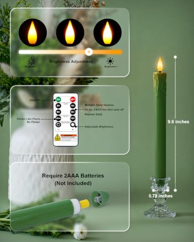 Image of Homemory 3 Pcs Waxy Green Flameless Taper Candles with Remote Timer, LED Fake Candlesticks, 9.6 Inches Battery Tall Candle with 3D Flickering Flame for Wedding, Dinner, Christmas Anniversary Decor