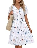 Zeagoo Vestido Mujer Blanco Verano Elegantes Vestidos Playeros Boho Sueltos Midi Fresco Casual Hawaiano Vestidos Flores Cuello En V Manga Corta Línea A Suelto Ligero Túnica Vestidos BF290 L