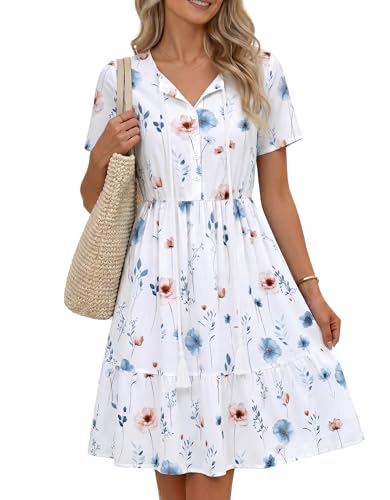 Zeagoo Kleid Damen Sommer Weiss Boho Tunika kleide Strandkleid Midi Sommerkleid Knielang Kurzarm A Linie Blumenkleid V-Ausschnitt Lockeres Vintage Elegant