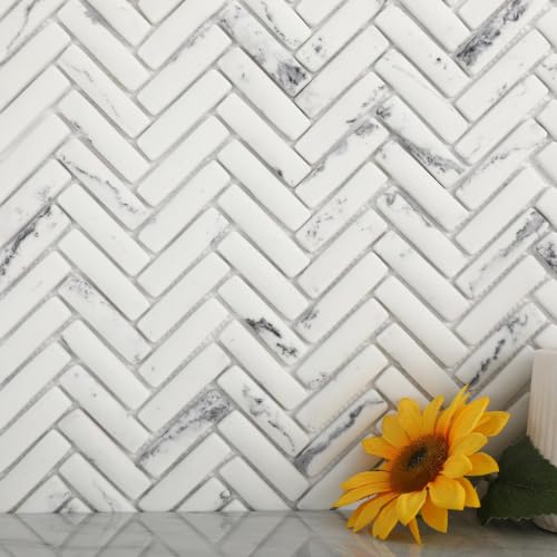 Diflart Recycled Glass Backsplash Tile, White Marble Herringbone, 5 Sheets