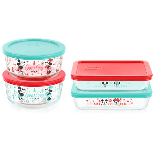 Pyrex 8-Pc Glass Food Storage Container Set, 4 & 3-Cup Decorated Round and Rectangle Meal Prep Containers, Non-Toxic, BPA-Free Lids, Mickey & Friends Holiday Edition