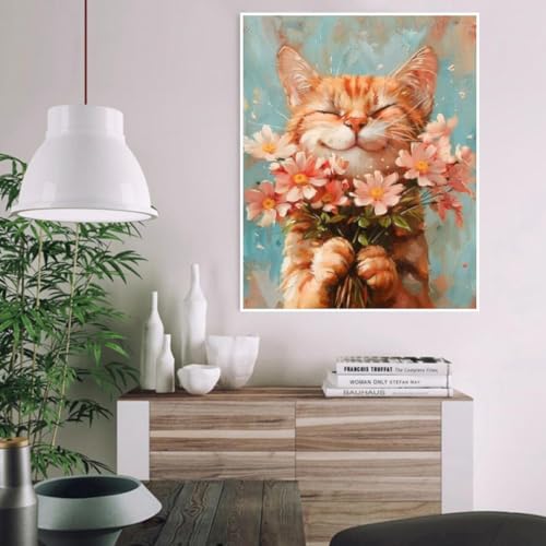 Image of DIY Cat and Flower Paint by Numbers Kits for Adults, Painting by Numbers for Adult & Beginner on Canvas, Animal Oil Painting Kits Perfect for Home Decoration 16x20 Inch