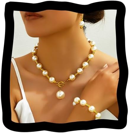 Pearl Jewelry Set Gold Chunky Pearls Necklace Sets for Women | Wedding Prom Costume Jewelry Bridal Fashion Necklace Earrings Bracelet 3Pcs