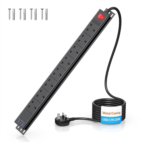 Ohuo 8 Way Power Strip Extension Lead with USB C PD 20W, Surge Protected Power Socket Extension with 2 USB-A Ports, Metal Casing Ohuo 8 Way Power Strip Extension Lead with USB C PD 20W, Surge Protected Power Socket Extension with 2 USB-A Ports, Metal Casing