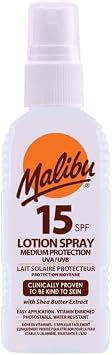 Malibu Sun SPF 15 Lotion Spray, Medium Protection Sun Cream, Water Resistant, Vitamin Enriched, with Shea Butter Extract, 100ml
