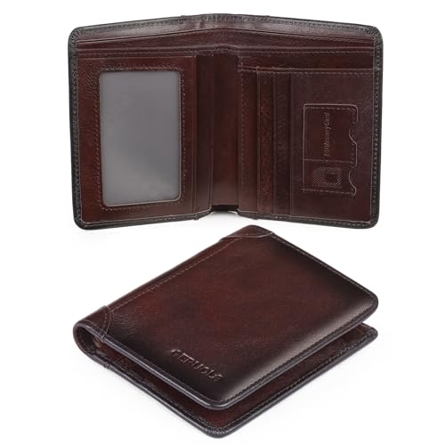 Bifold Slim Men Wallet Genuine Leather, Wallet for Men With 1 ID Window and RFID Blocking, 7credit card slots, (Coffe)