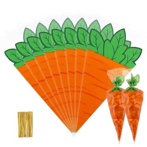 50 Piezas Bolsas de Cucuruchos para Chuches Zanahoria Bolsas de Conos, Bolsa Cono Chuches Bolsas Pascua con Lazos Torsión, Zanahoria Bolsa de Cono para Chuche para Fiesta de Pascua Boda (B50)