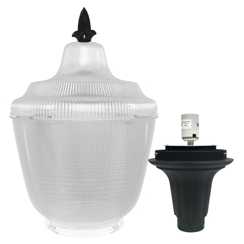 KastLite Lamp Post Top Replacement Cover with Finial & Cast Aluminum Fitter - Acorn Lantern Refractor Lens - Little Lindy 408 Pole Mount Outdoor Light Cover - Prismatic Acrylic Street Lighting Shade