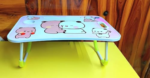 Image of Foldable Kids Study Table - Portable Multipurpose Bed Desk with Cup Holder & Handle, Cartoon Dudu and Bubu Design for Study, Drawing, Reading, Eating, Writing