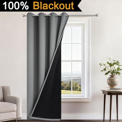 Image of Yakamok Grey Blackout Curtains 84 Inches Long for Bedroom 52 inch Wide 1 Panel | Blackout Curtain Panels for Bedroom, 2 Thick Layers Grommet Top Thermal Insulated Drapes with Black Liner for Living Room