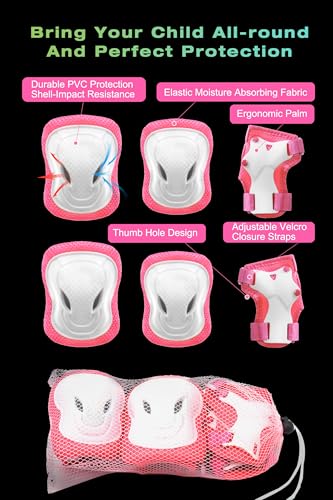 XJD Kids Bike Helmet,Multi-Sport Protective Gear Set for 3-5-8-14 Years Boys Girls with Knee and Elbow Pads Wrist Guards fit Roller Skates,Cycling,Skateboarding,Skating Scooter (Pink, Medium)