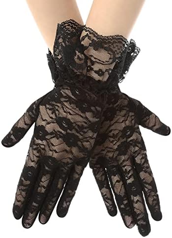 ASTER Women Lace Short Gloves Black Floral Gloves Sun Protection Gloves for Ladies Wedding Dinner Party 1980's Party Halloween Costume Favors