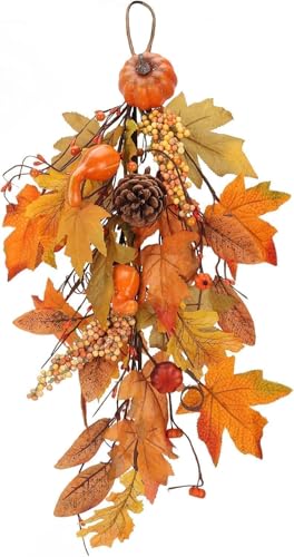 NAHUAA Artificial Fall Teardrop Swag with Pumpkins Berries Fall Leaves...