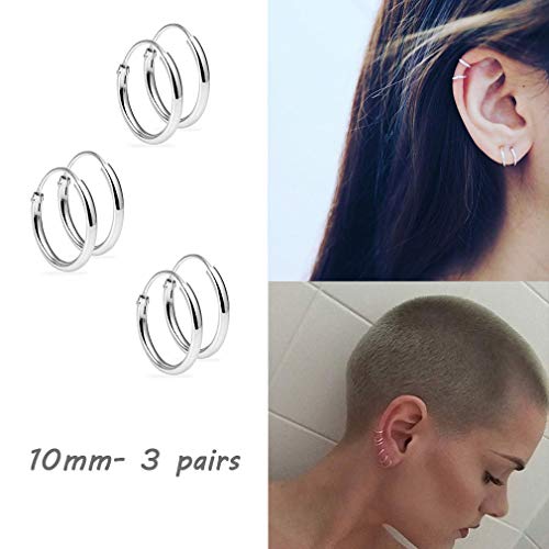 Silver Hoop Earrings- Cartilage Endless Small Hoop Earrings Set For Women Men Girls, 3 Pairs Of Hypoallergenic 925 Sterling Silver Tragus Earrings Nose Lip Rings (3 Pairs(10Mm*3)) #TOP1