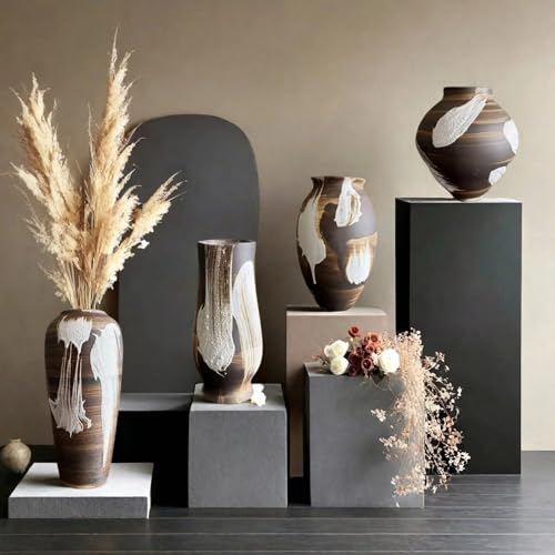 Rustic Ceramic Vase, Large Farmhouse Style Decorative Vase for Home Decor,Tall Vintage Terracotta Pottery Clay Vases for Living Room Entryway Table Centerpiece (6.4" L x 6.4" W x 12.8" H) — view 4