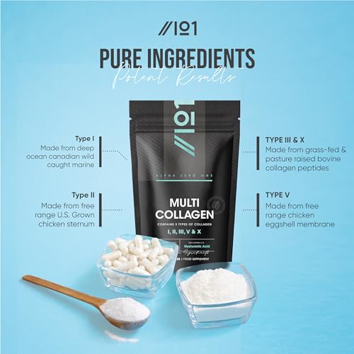 Multi Collagen 2400mg – Types I, II, III, V & X – 180 Capsules – Wild Caught Marine, Grass Fed Bovine, Eggshell & Free-Range Chicken Collagen Powder, with Hyaluronic Acid & Vitamin C – by Alpha01 - Image 4