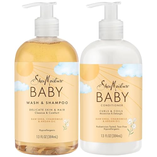 SheaMoisture Baby Essentials, Body Wash & Shampoo + Curls & Coils Conditioner, Detangler with Raw Shea, Chamomile & Argan Oil, Pediatrician-Tested,...