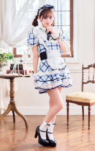 [Malymoon] コスプレ メイド ウエイトレス チェック 青 赤 藤咲凪 フリル 衣装 仮装 マリームーン 7点セット 10251 詳細画像1