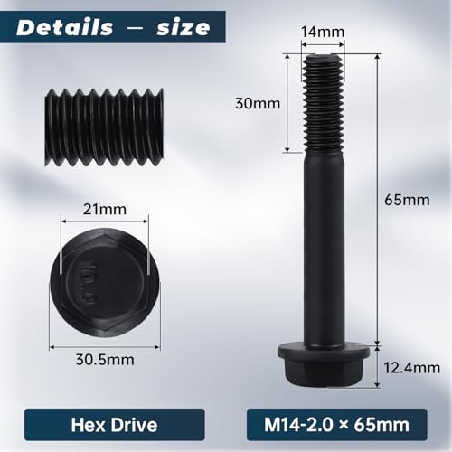 Image of M14-2.0 x 65mm Flange Bolt, Hex Head Flanged Bolt 10.9 Grade High Strength- Black Oxide Finish, Partial Thread, Metric- Heavy Duty for Automotive, Machinery & Construction (4 Pcs) 4 pcs