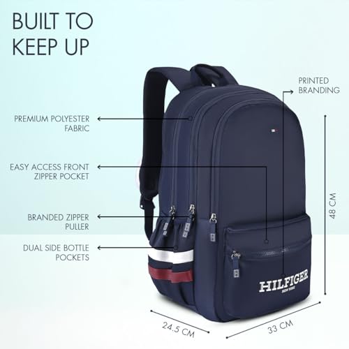 Image of Tommy Hilfiger High School & College Backpack Ridge | Large Capacity New York Print Student Bag with Vislon Zip | 3 Compartments | Extra Utility Pouch & Rain Cover | 38L Capacity