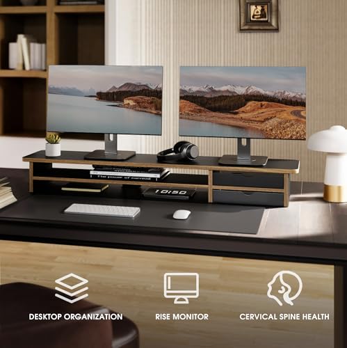 Image of Fenge Monitor Stand, Dual Monitor Riser, 42.5inch Large Desk Computer Monitor Stand Riser with Drawer, 2 Tier Wood & Acrylic Desktop Organizer with Cable Management