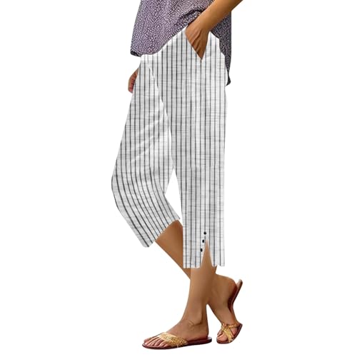 Striped Linen Pants Capris for Women with Pockets Pantalones de Vestir para Mujer White