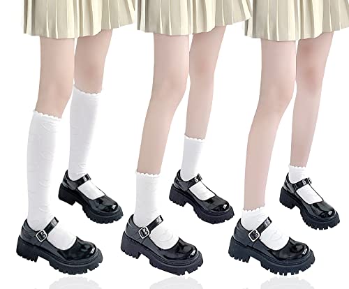 Image of Bellady Frilly Socks for Women Ruffle Socks Ladies Girl Knee High Socks 3 Pairs Set