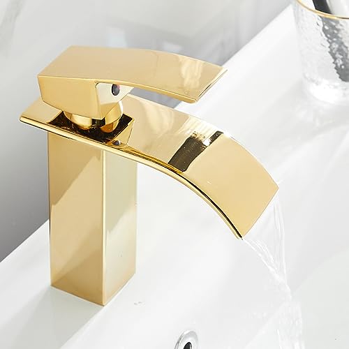 Mitigeur de Salle de Bain doré cascade haute pour vasque moderne