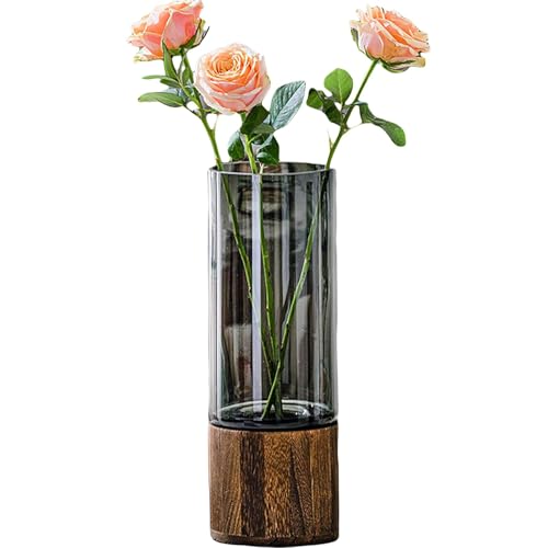 PIDUDU vase artistique en verre, base en bois fumé, cylindrique, 30,5 cm de hauteur, pour décoration intérieure moderne