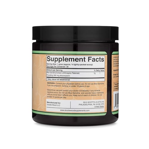 Blue Spirulina Powder - Maximum 35% Phycocyanin Content, Superfood Powder from Blue-Green Algae, Mixes into Smoothies and Protein Drinks, Plant Food Coloring (One Month Supply) by Double Wood