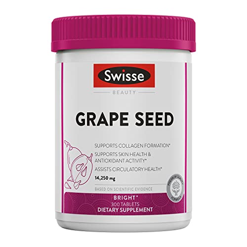 Swisse Grape Seed Extract Capsules Antioxidant Herbal Supplement | Grapeseed Polyphenols + Antioxidant Vitamin C | Promotes Skin Health & Collagen Production | 300 Tablets