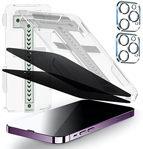 POROLIR [2+2 Pack] Privacy Screen Protector Compatible for iPhone 14 Pro Max 6.7" 2022 with Camera Lens Protector, [Auto Alignment Kit] 9H Tempered Glass Full Coverage Anti Spy Cover