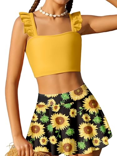 Image of Arshiner Girls Swimsuit 3 Piece Bathing Suits Cute Bikini Tankini Sets Teen Ruffle Swimwear with Cover Up Skirt