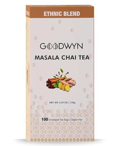 Image of Goodwyn Kadak Masala Chai (100 Tea Bags) - Assam Tea with Cardamom, Cinnamon, Clove, Ginger & Black Pepper | Enjoy Black or with Milk | Boosts Immunity, Aids Digestion & Energizes | Plastic-Free
