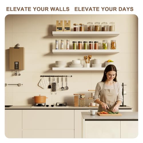 Image of 36-Inch Floating Shelves, Set of 3 Wall Mounted Storage Ledges, 12-Inch Deep Extra-Thick Solid Paulownia Wood Shelving for Kitchen, Living Room, Bedroom & Bathroom, White