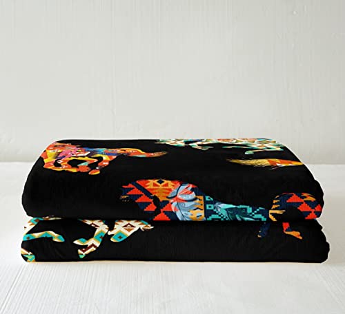 Horse Sherpa Blanket Queen 90"X90" Southwestern Tribal Throw Blanket For Bed Couch Boho Aztec Horses Fleece Blanket For Kids Boys Girls Cowboy Cowgirls,Bohemian Exotic Animal Soft Fuzzy Blanket Black #TOP2