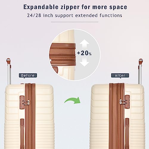 Merax 3 Piece Luggage Sets Abs Expandable Spinner Suitcase With Tsa Lock 20 Inch 24 Inch 28 Inch (White Brown) #TOP5