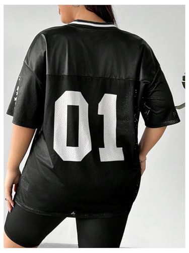 WDIRARA Women's Plus Size Football Jersey Shirts Oversized T Shirt Graphic Letter Print V Neck Short Sleeve Streetwear Top