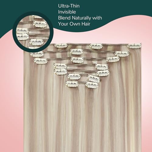 Image of Easyouth Human Hair Clip in Extensions Blonde Highlight, 20 Inch Remy Human Hair Extensions Clip ins, Ash Blonde Highlights Bleach Blonde, Real Hair Clip in Extension, 120g 7pcs, Long Straight Hair