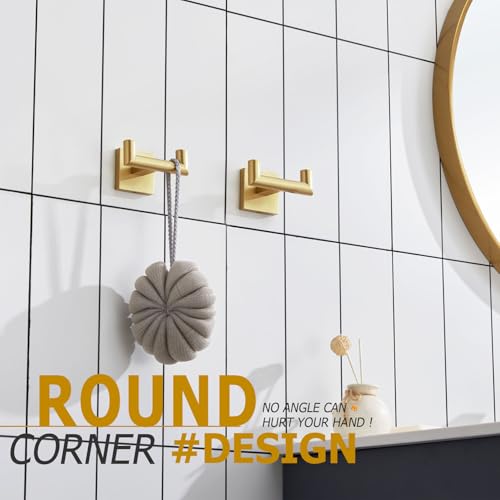 Image of KOKOSIRI Robe Hooks Bathroom Double Towel Coat Hook for Bath Kitchen Wall Mounted, 2 Pack Brushed Gold Stainless Steel B1015BG-P2